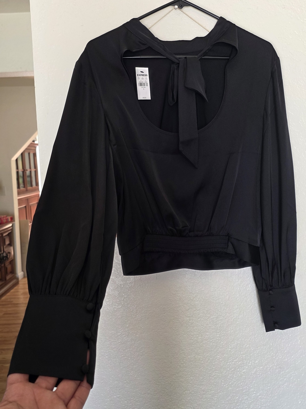 Express Black Tie-Neck Long Sleeve Blouse